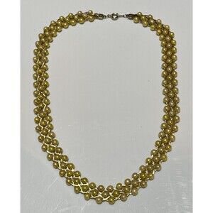 Vintage 1980s Gold Tone Woven Chain Necklace Faux Pearl Collar Pinup Rockabilly